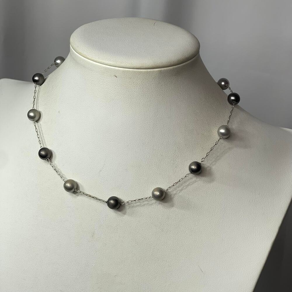 ROMAN signed necklace silver tone with charcoal gray faux pearls signed jewelry